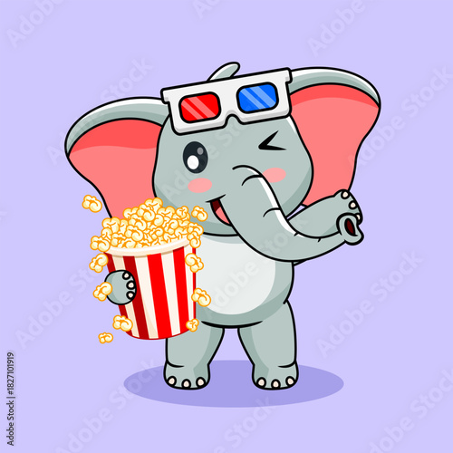 Cute Elephant Enjoying a Movie with Popcorn Vector Illustration Cartoon Design Kawaii