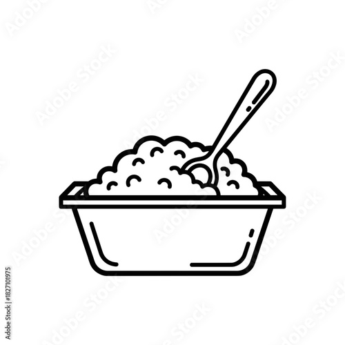 Bowl of mashed potatoes with spoon in black and white outline style  