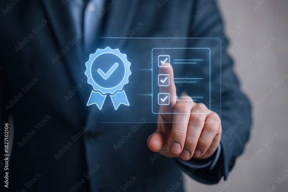 Obraz premium Quality Assurance Illustration: Business Man Interacting with Virtual Guarantee Checkmarks for Standards Compliance and Certification
