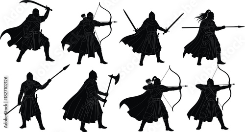 Set of black medieval warrior silhouettes featuring knights with swords, archers with bows, and spearmen, isolated vector illustration.