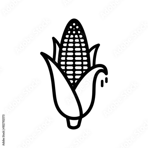Fresh corn on the cob with husk in black line art style  