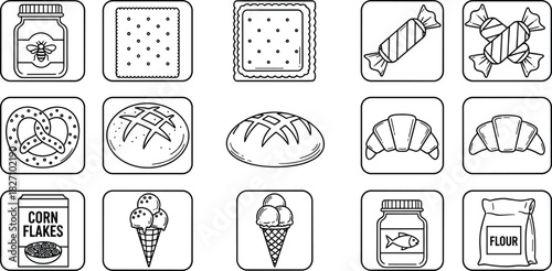 Set of black line food icons featuring bakery bread, sweets, honey, ice cream, and grocery items, outline vector illustration.