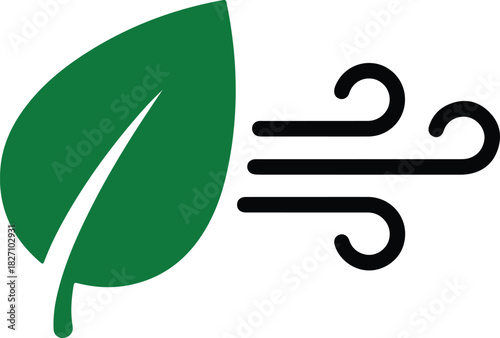 Green leaf and dynamic wind lines icon symbolizing environmental health, fresh air, and eco-friendly solutions for sustainable living concepts.