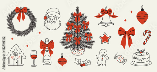 Retro whimsy Vintage New Year design set. Doodle line art, contemporary hand-drawn icons. Christmas wreath, tree, glass of wine, pudding, candy cane, champagne, and winter holiday celebration elements