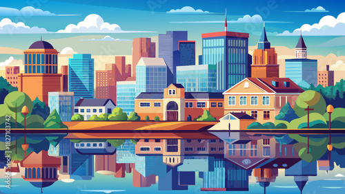 Very beautiful panoramic urban scene showcasing a harmonious skyline reflected on the calm river, featuring modern and historic buildings surrounding a peaceful waterfront atmosphere in a classic New 