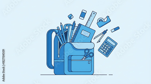 School backpack with various stationery items flying out.
