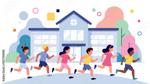 Children Running to School – Modern Flat Pastel Education Illustration. International Day of Education