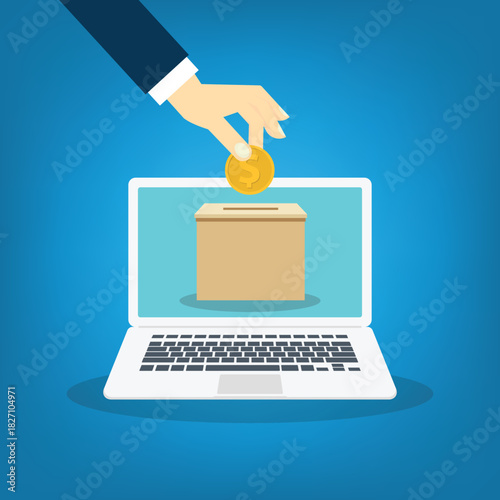 Donation concept. Human hand putting coin in a donation box.