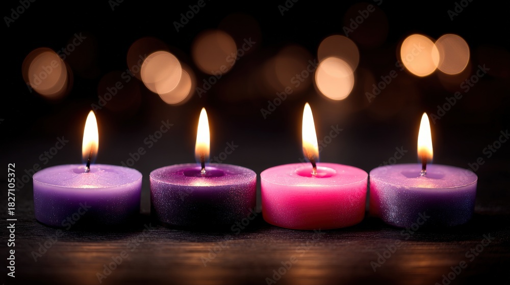Naklejka premium Four Candles Burning Brightly in the Darkness, Displaying Warmth and Serenity in a Beautiful Composition