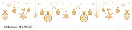 Elegant gold line art Christmas background with hanging baubles, stars, snowflakes and tiny sparkles on white, ideal for festive banners, greeting cards, invitations, web headers and seasonal holiday 