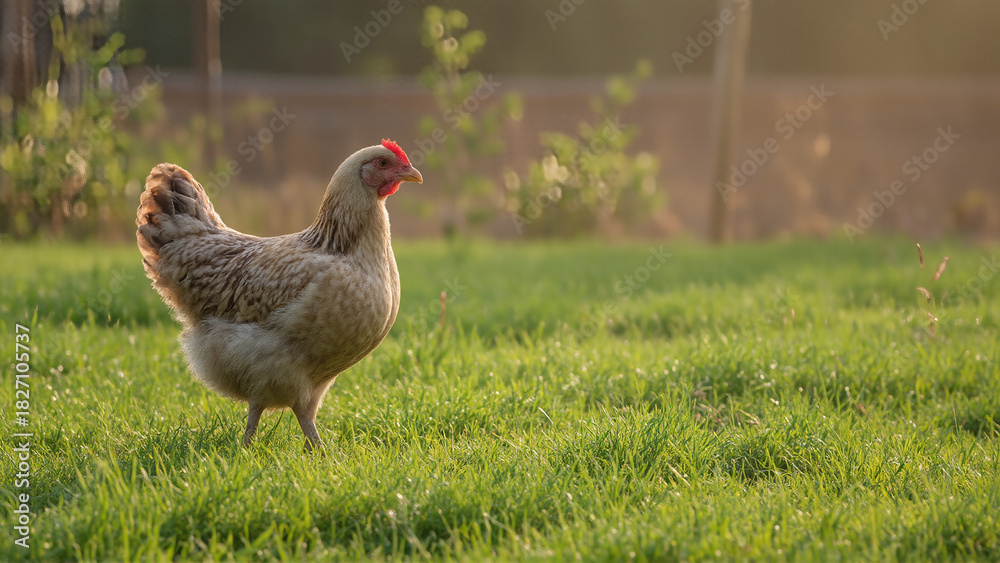 Fototapeta premium Chicken Standing in Sunlit Farmyard