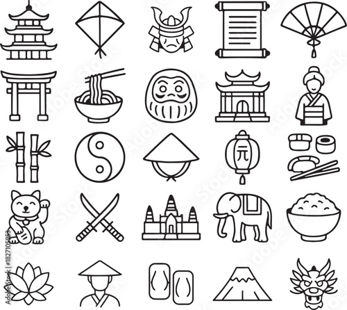 Traditional asian cultural and travel outline vector icons set, featuring temples, samurai, sushi, dragons, and diverse traditional elements.