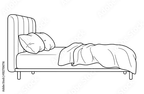 Simple line art drawing of a modern single bed with pillows and a blanket, perfect for a peaceful bedroom