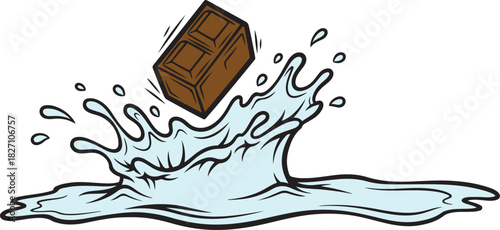 Brown chocolate bar splashing into light blue water with droplets liquid