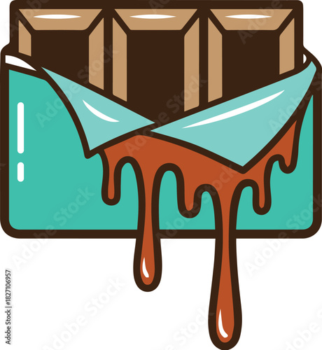 Open chocolate bar with melting chocolate dripping from turquoise wrapper illustration open wrapper