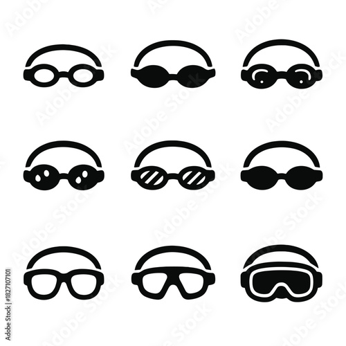 Set of nine black silhouette goggles on gray background