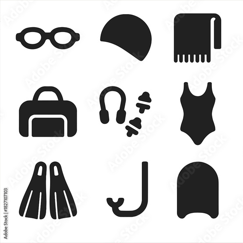 Swimming gear icons: goggles, cap, towel, bag, snorkel, flippers, swimsuit