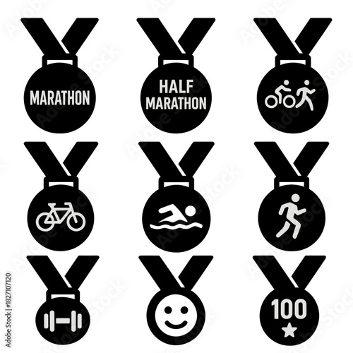 Set of nine black medals with sport icons and text for marathon and triathlon