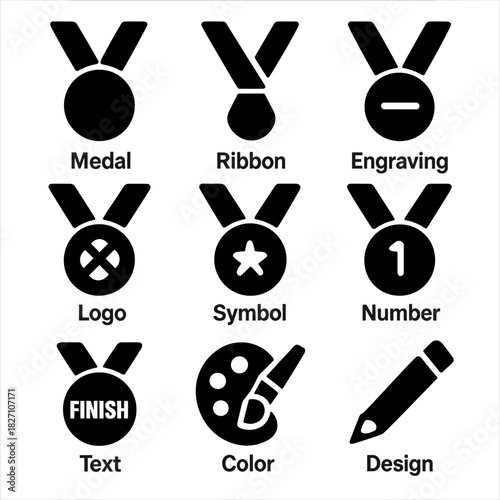 Medal icons: design symbols with ribbon, color, text for engraving