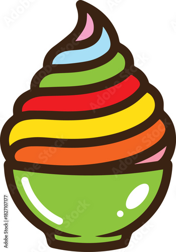 Rainbow soft serve ice cream swirl in a green bowl with brown outline dessert