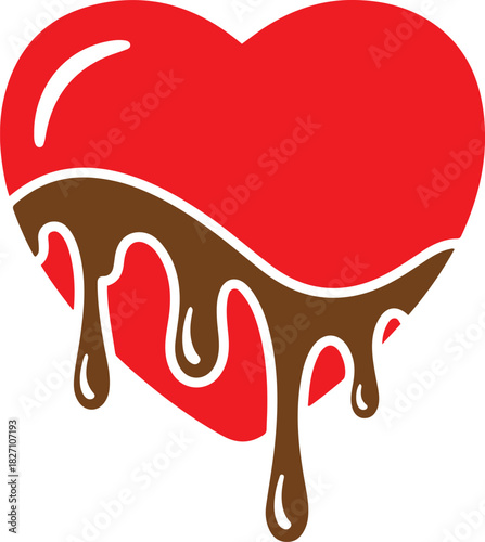Red heart shape with dripping brown chocolate sauce and white outlines on a white background vector