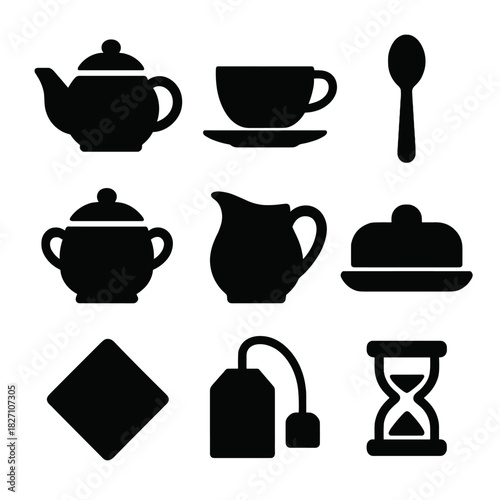 Tea set icons with teapot, cup, spoon, sugar bowl, and more on dark background