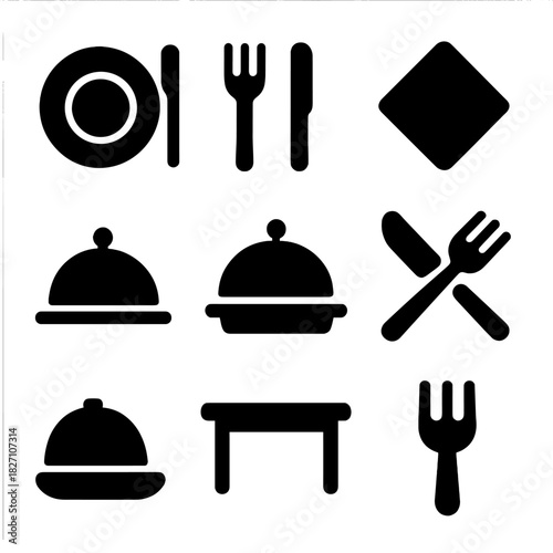 Elegant dining icons set featuring plates, utensils, and table silhouettes