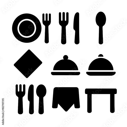 Black silhouette icons of dinnerware and table settings on gradient background