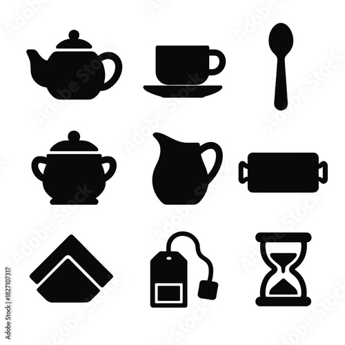 Elegant kitchen silhouettes featuring tea set, spoon, and hourglass