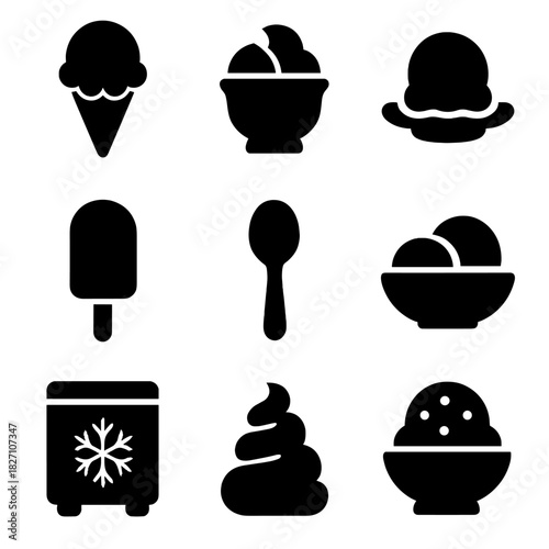 Ice cream silhouette icons on black background with varied dessert shapes