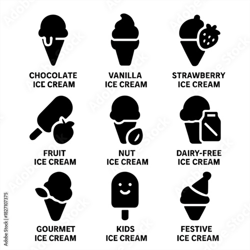 Variety of ice cream icons featuring flavors and special types in nine styles