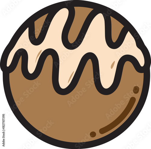 Round brown cookie with light beige icing drizzle and black outline vector