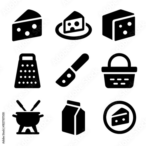 Cheese and kitchen utensils icons - grater, knife, basket, fondue, milk