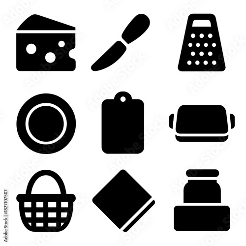 Kitchen utensils silhouette icons: cheese, knife, grater, basket, and more