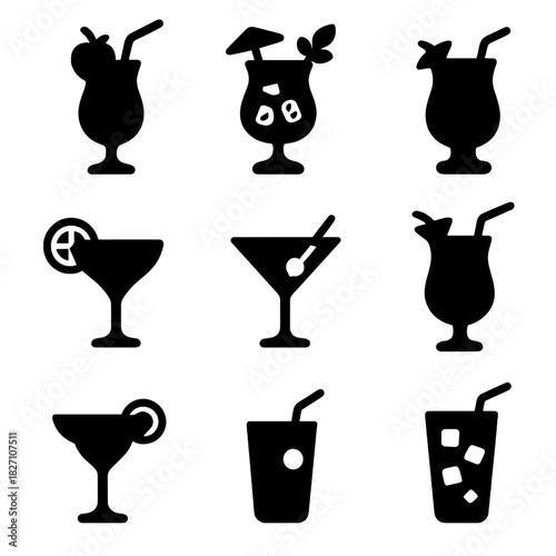 Black silhouette beverage icons on gray background