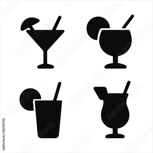 Silhouettes of classic cocktails with garnishes and straws in four varieties
