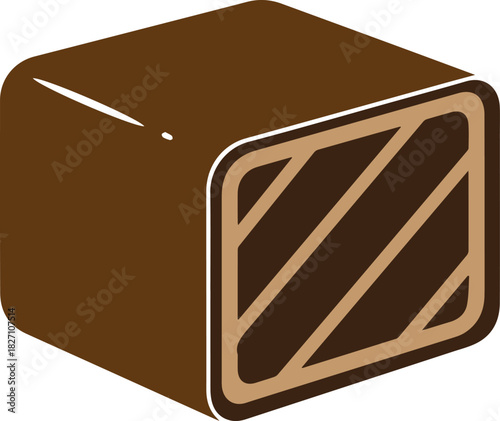 Stylized brown chocolate candy with layered filling and white highlights sweet confection