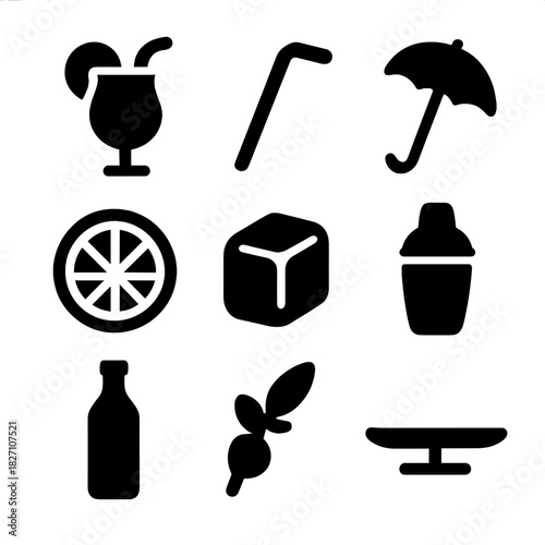 Summer drinks icons set: cocktails, ice, and beach essentials