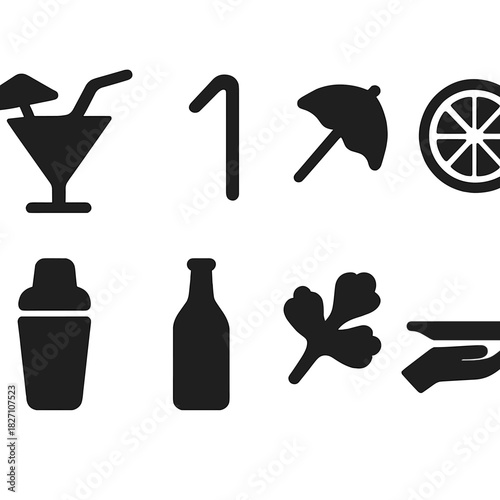 Cocktail icons: drink, garnish, umbrella, bottle, shaker, citrus, hand, herbs