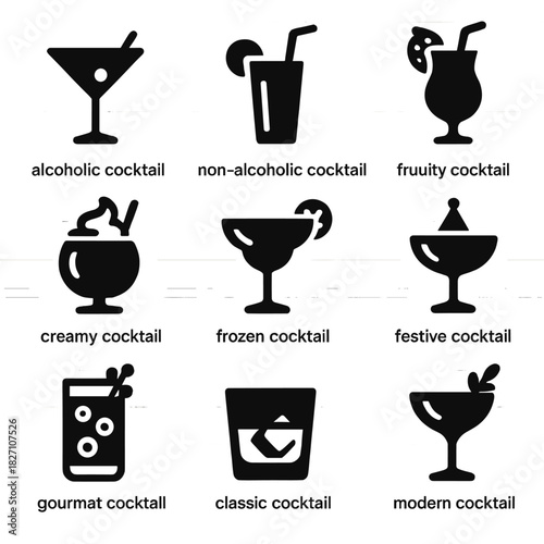 Variety of cocktails icon set: alcoholic, non-alcoholic, fruity, creamy, frozen