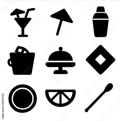 Silhouette icons: cocktail, umbrella, shaker, ice bucket, tray, napkin, plate, citrus