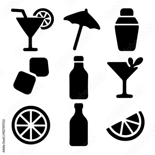 Silhouette cocktail icons: drinks, umbrella, ice, citrus, martini, shaker, bottle