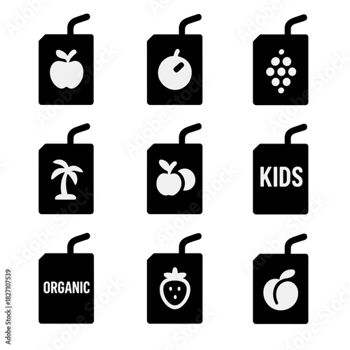 Minimalist black juice box icons with fruit and text on gray background