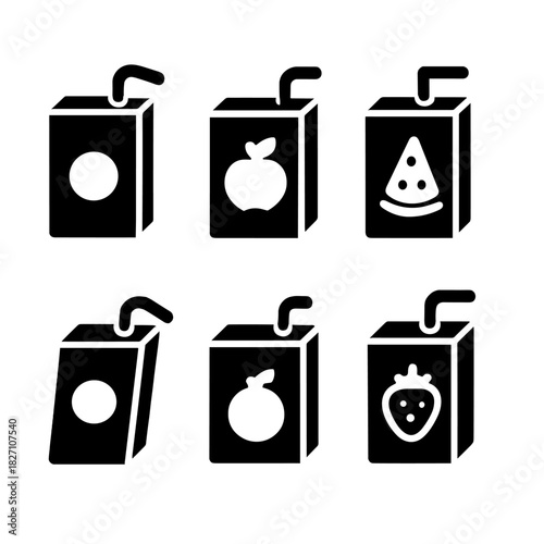 Minimalist fruit juice boxes icons set with straw on gray background