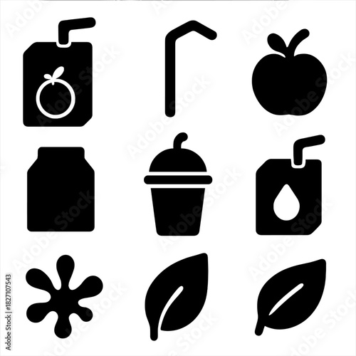 Smoothie and juice icons set with fruits, leaves, and straws in black design