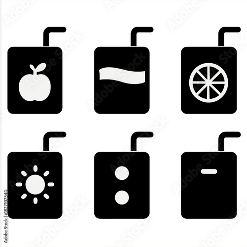 Minimalist black and white fruit icons with abstract symbols