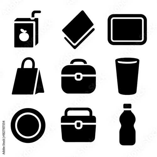Black icons of lunchbox, juice, and tableware on gray background