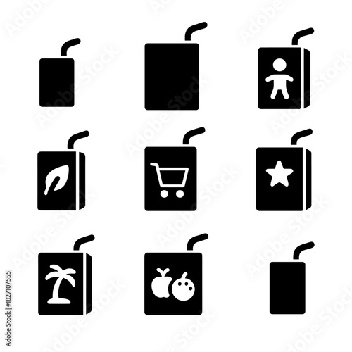 Black juice box icons with varied symbols on a gray gradient background