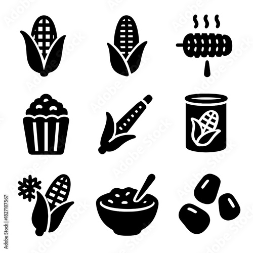 Corn icons set featuring popcorn, canned corn, and grains on gradient background