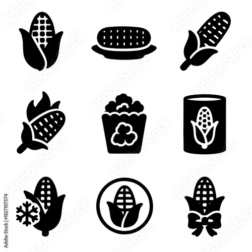 Corn icons set featuring popcorn, cans, and frozen corn in various styles